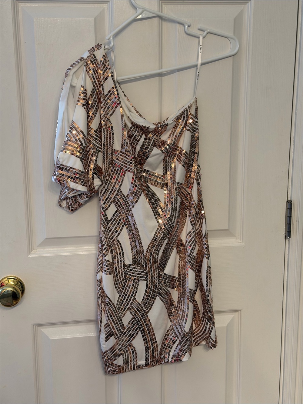 B Darlin White One-Shoulder Sequin Dress with Rose-Gold Accents